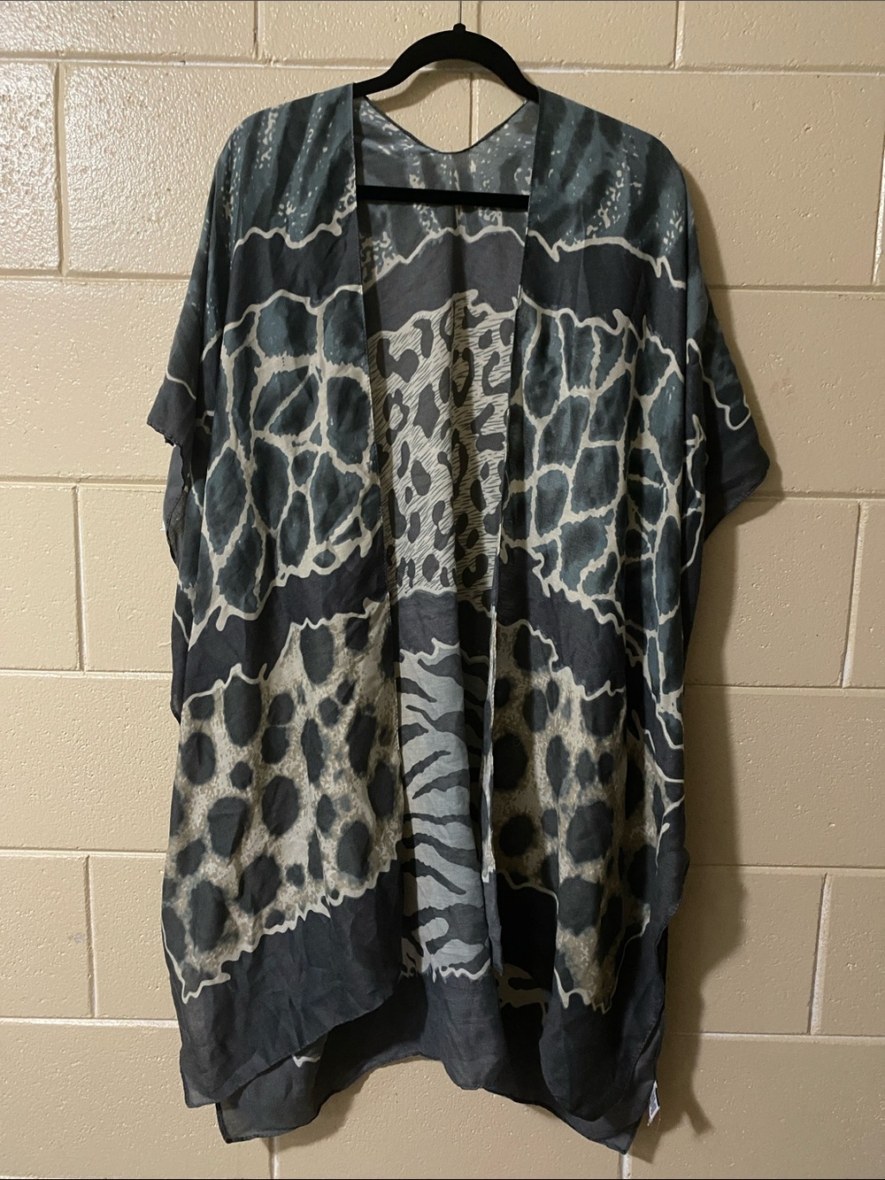 Jessica McClintock Sheer Animal Print Open Front kimono in Charcoal and Cream